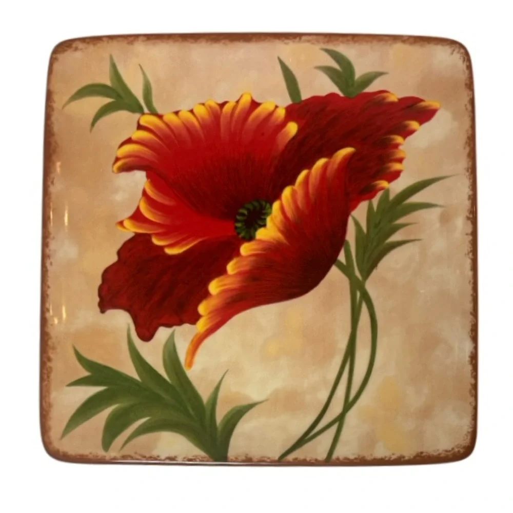 Pier 1 Poppies 8.5”x8.5” Small Plates Hand Painted Earthenware 2 Pc Set Red Tan